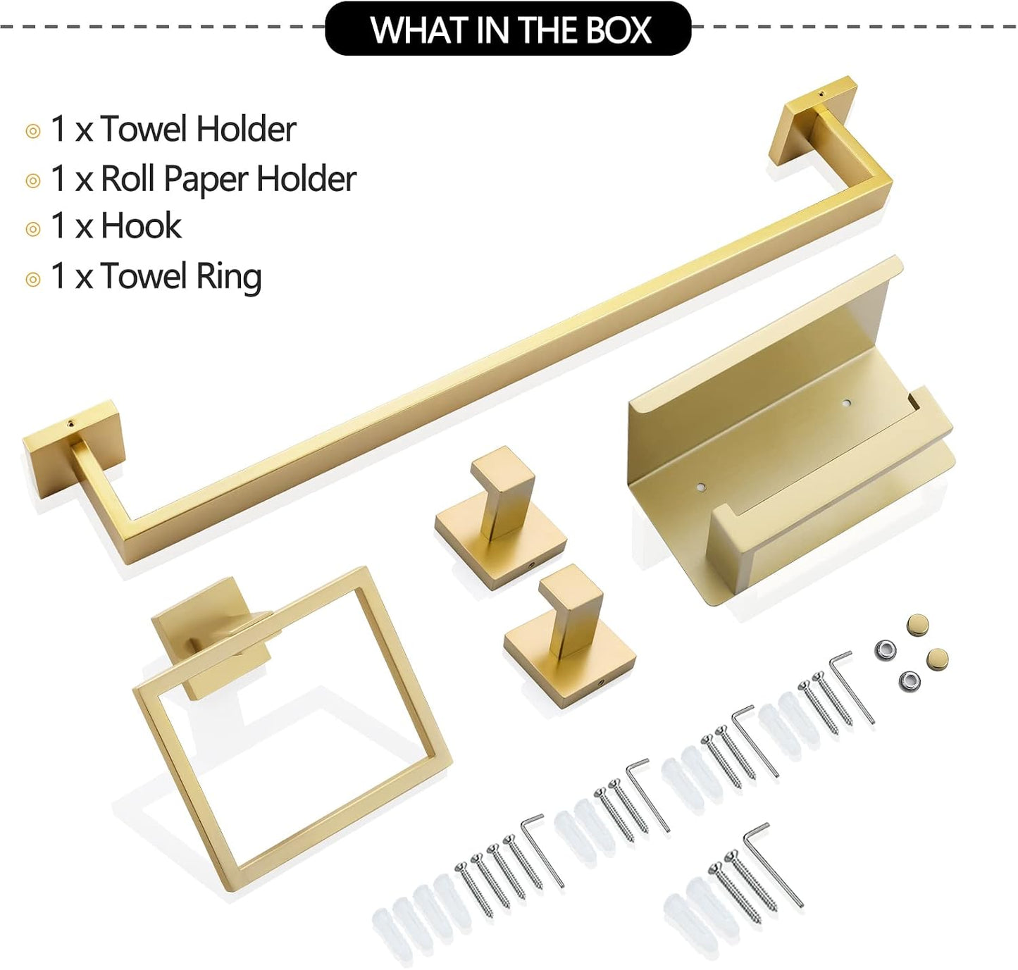 5-Piece Bathroom Hardware Set 23.6 Inch Gold Towel Bar Set Towel Bar Towel Ring Coat Hook and Toilet Paper Holder with