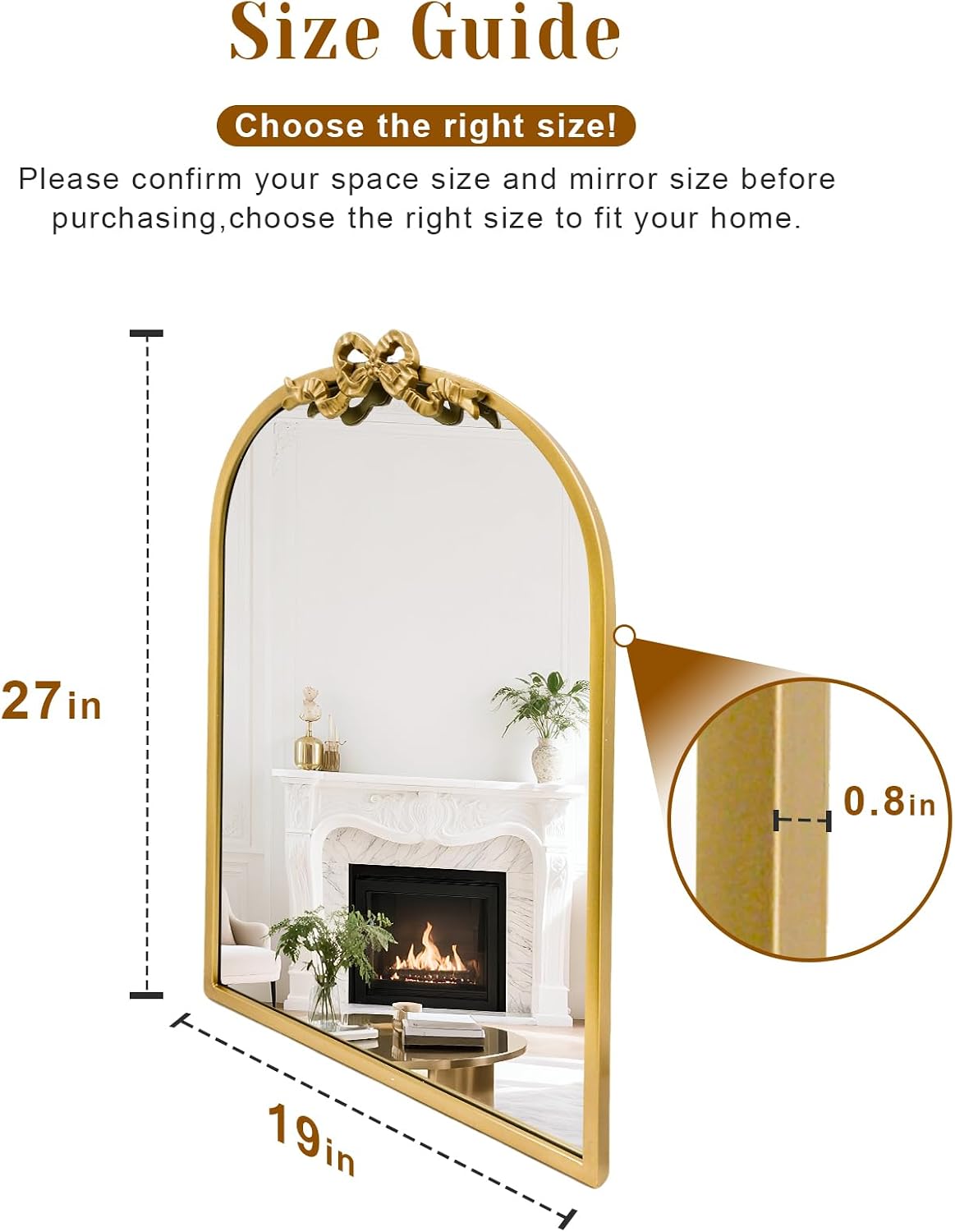 Metal Frame / Vintage Bow Mirror / Arched / 27"L x 19"W / Gold / 27 x 19