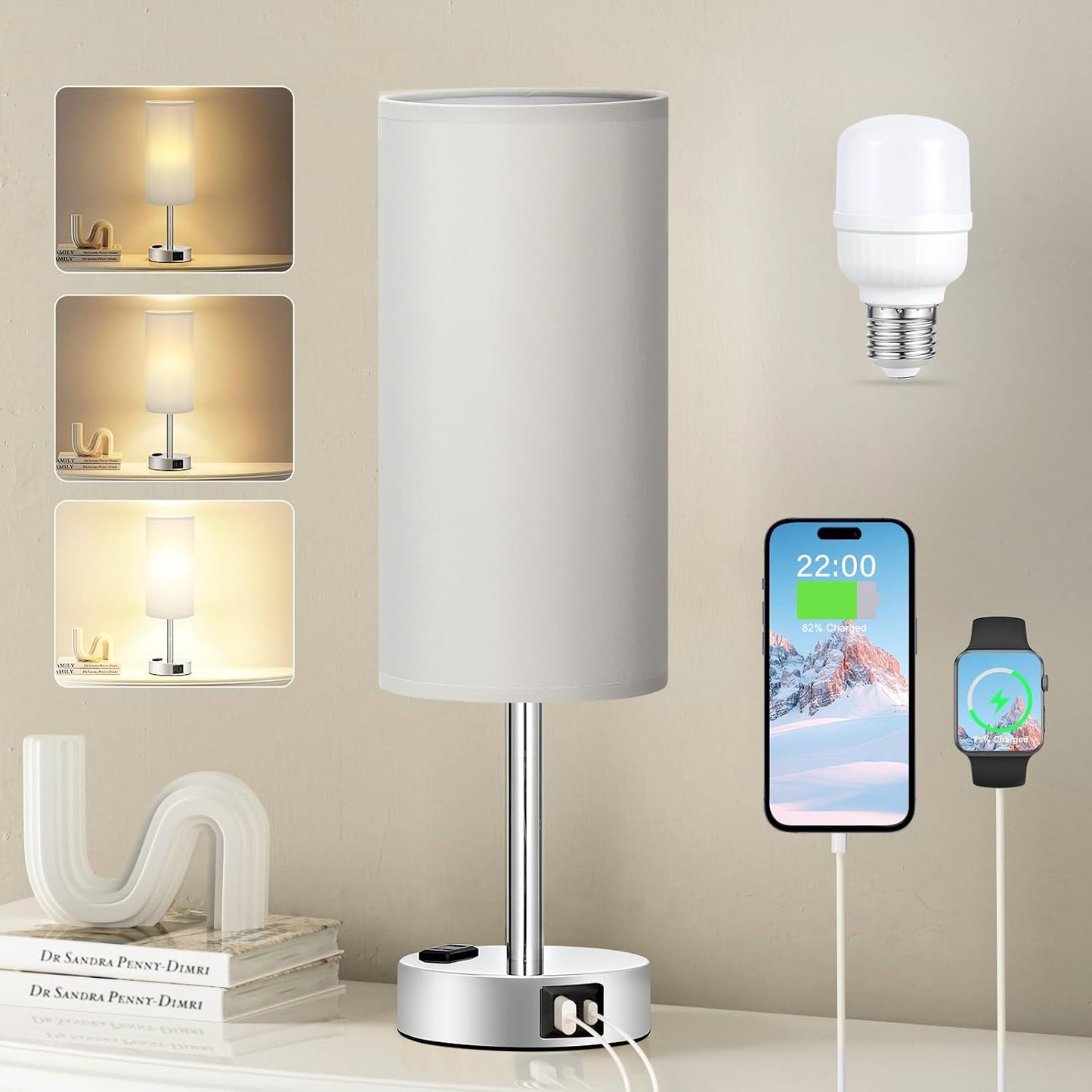 Fenmzee Grey Bedside Lamp for Bedroom, Dimmable Touch, USB A+C, AC Outlet