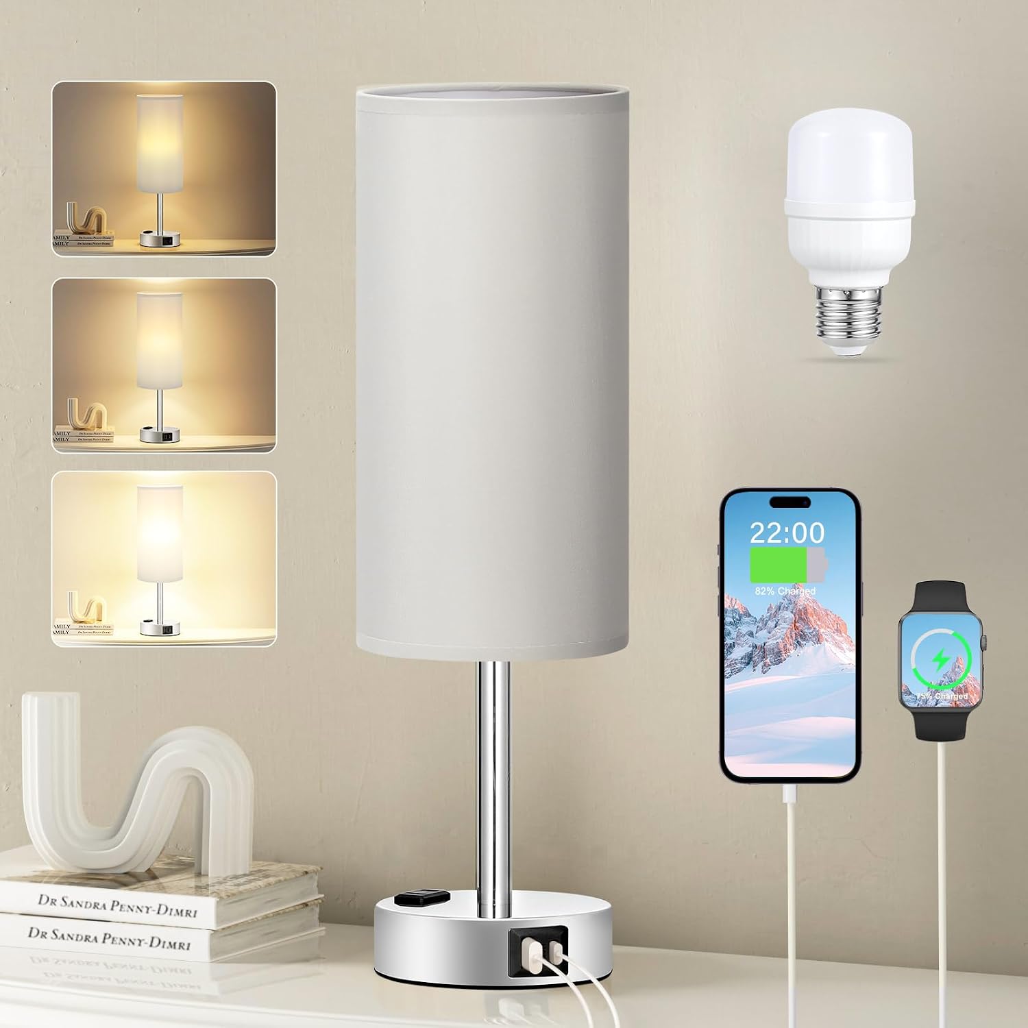 Fenmzee Grey Bedside Lamp for Bedroom, Dimmable Touch, USB A+C, AC Outlet