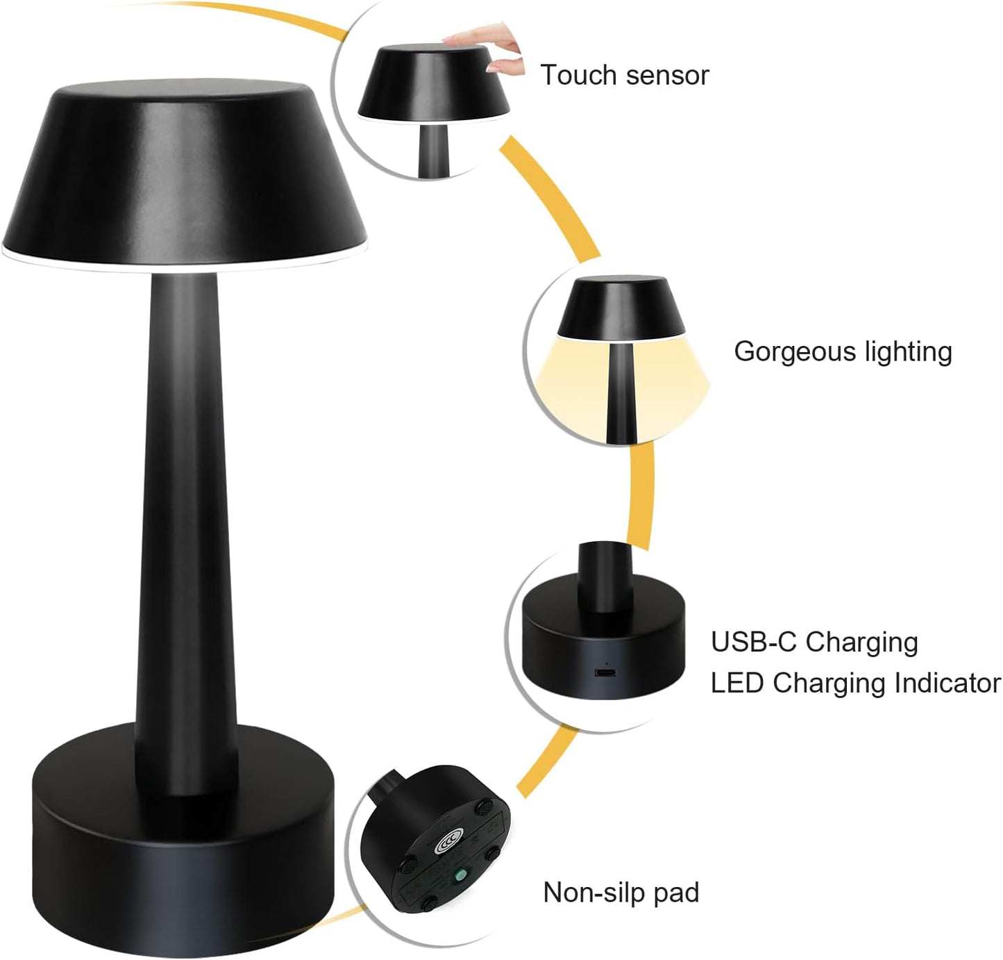 UMEXUS 8.8'' Small Cordless Batttery Operated Table Lamp for Restaurant Bar | Rechargeable 3-Way Stepless Dimmable