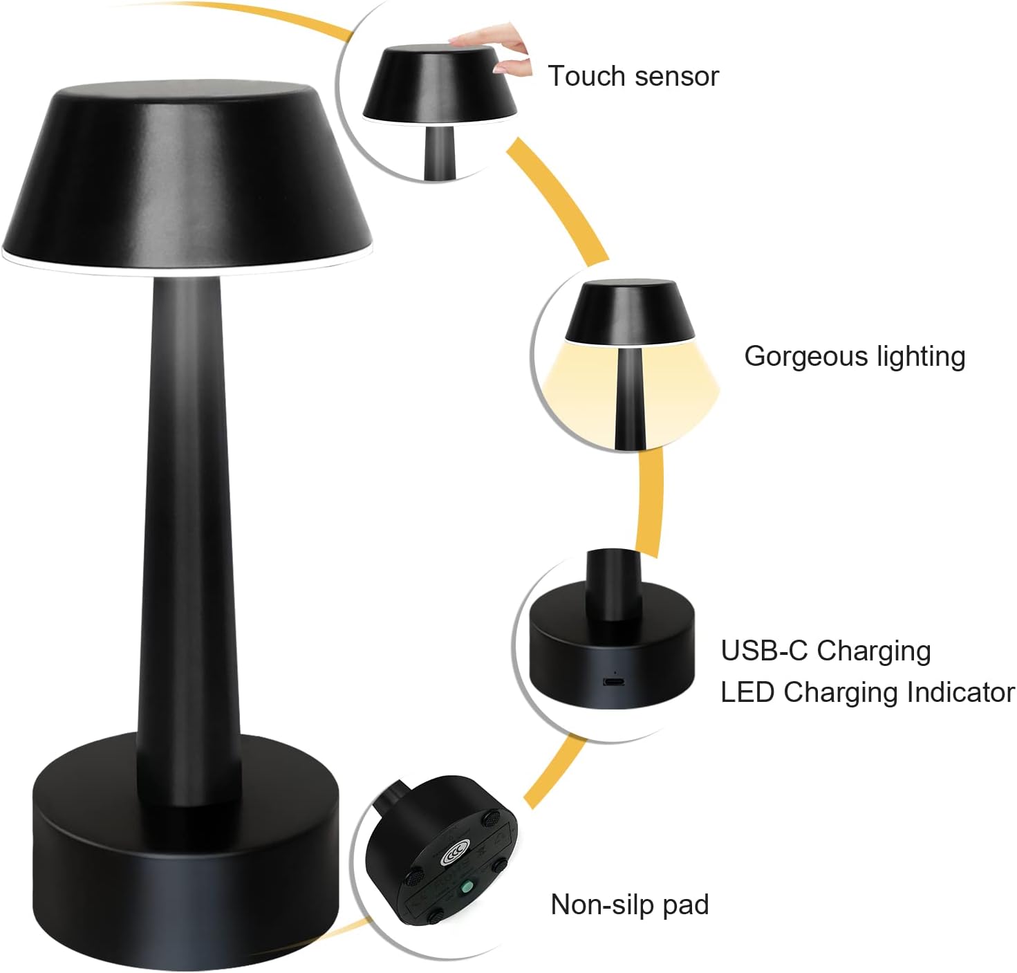 UMEXUS 8.8'' Small Cordless Batttery Operated Table Lamp for Restaurant Bar | Rechargeable 3-Way Stepless Dimmable
