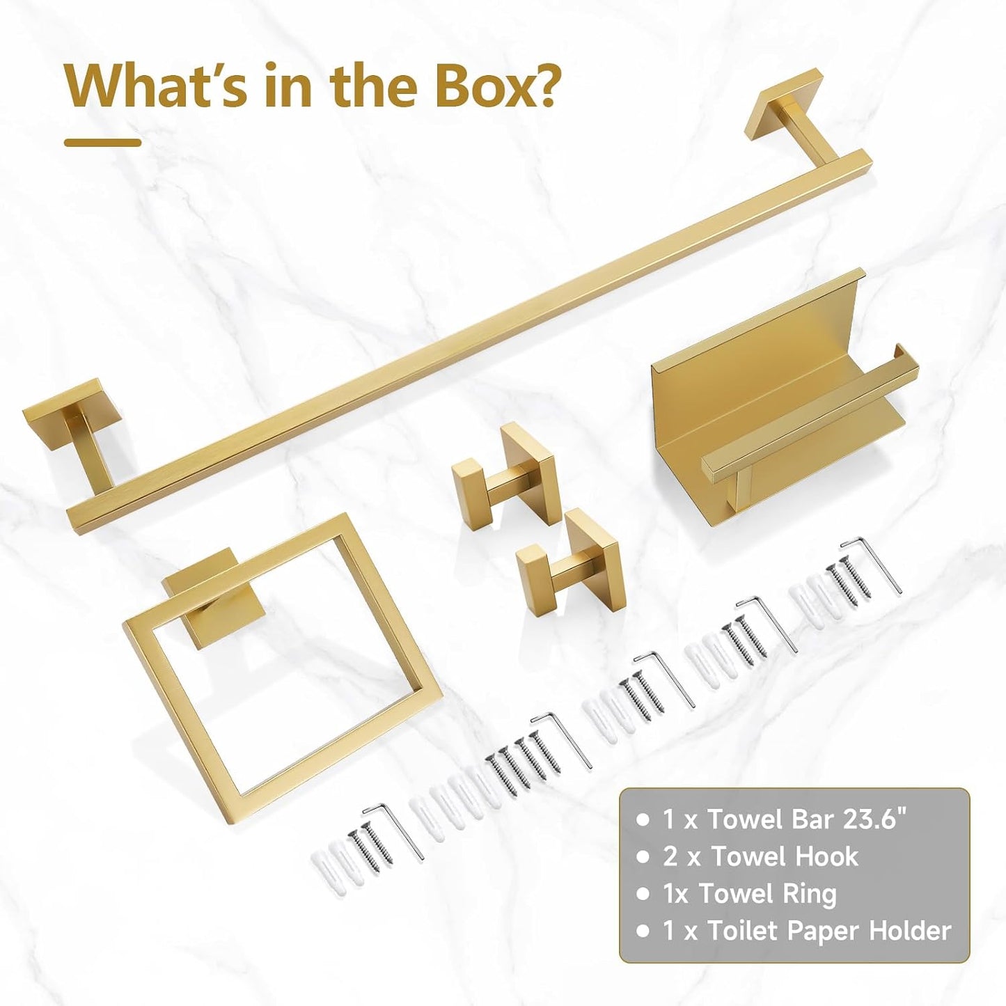 TQKAG 5-Pieces Brushed Gold Bathroom Hardware Accessories Set 23.6" SUS304 Stainless Steel Towel Bar Set Wall Mounted