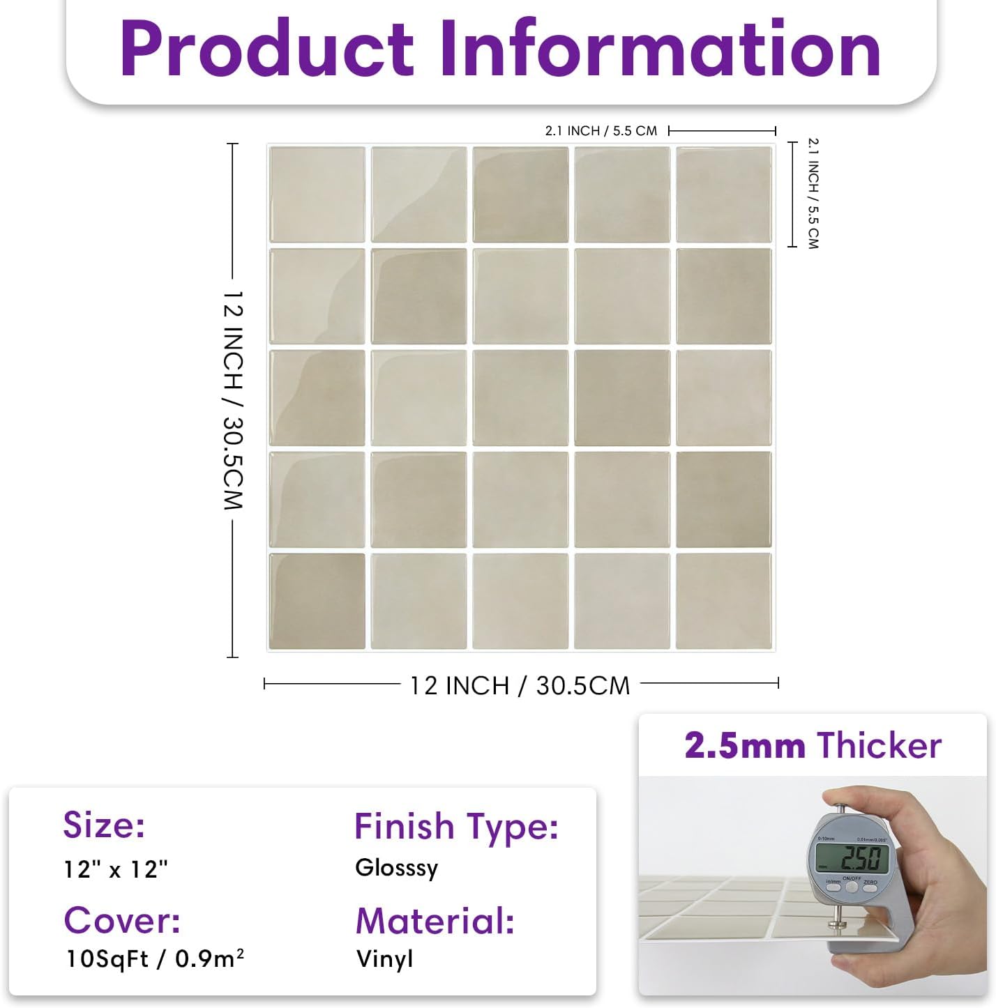 3D Adhesive Glossy Square Panels Stick / ST-SM-E / Brown / 12 x 12 / Set of 10