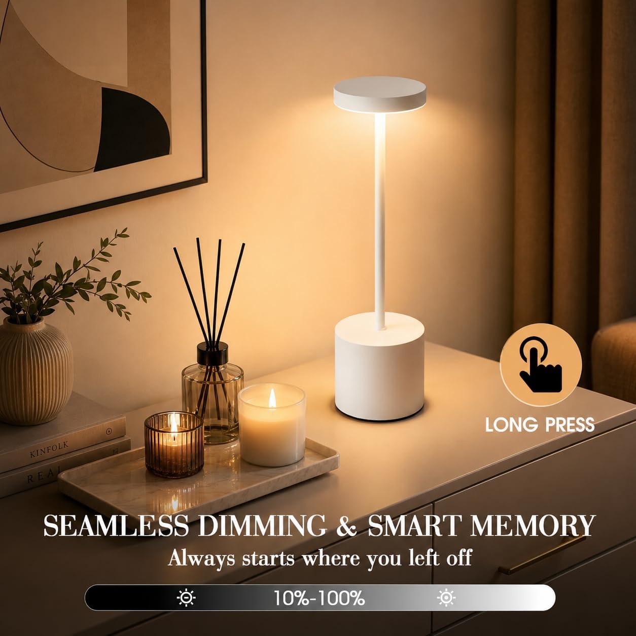 AUDLES White Cordless Table Lamp Set of 2, USB Rechargeable Touch Dimmable | Desk lamp with 3 color temperatures, touch