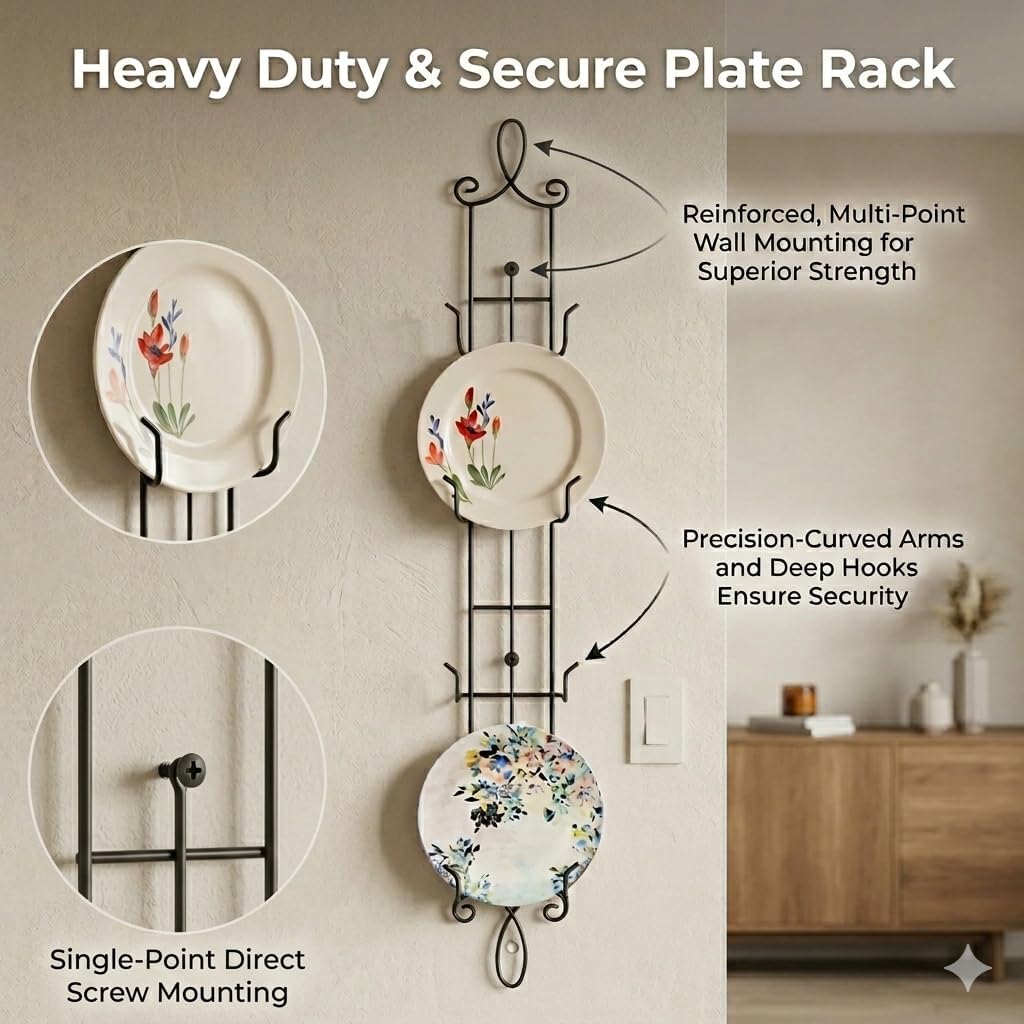 HOHIYA 42" Wall Plate Display Rack 2 Pack 4 Tier Metal Holder Black | Wall-mounted display rack organizes collectible