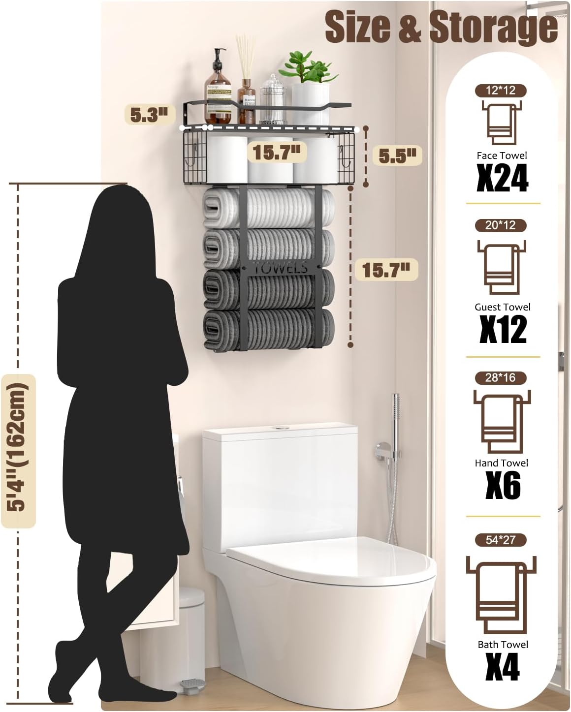 Aetyord Towel Racks for Bathroom Wall Mounted Towel Storage Organize | Towel Storage with Wood Shelf & Metal Basket,Fit