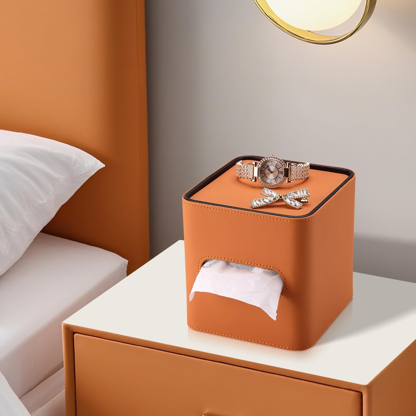 PU Leather Tissue Box Holder / Orange / Square
