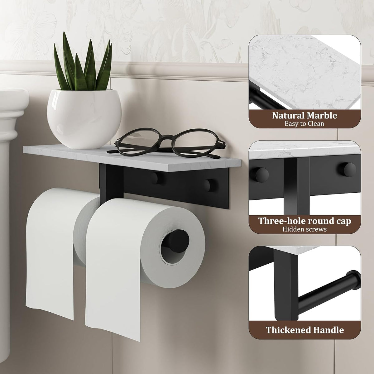 BWE Double Toilet Paper Holder with Shelf Wall Mounted Tissue Roll Holder | Commercial Toilet Paper Dispenser for