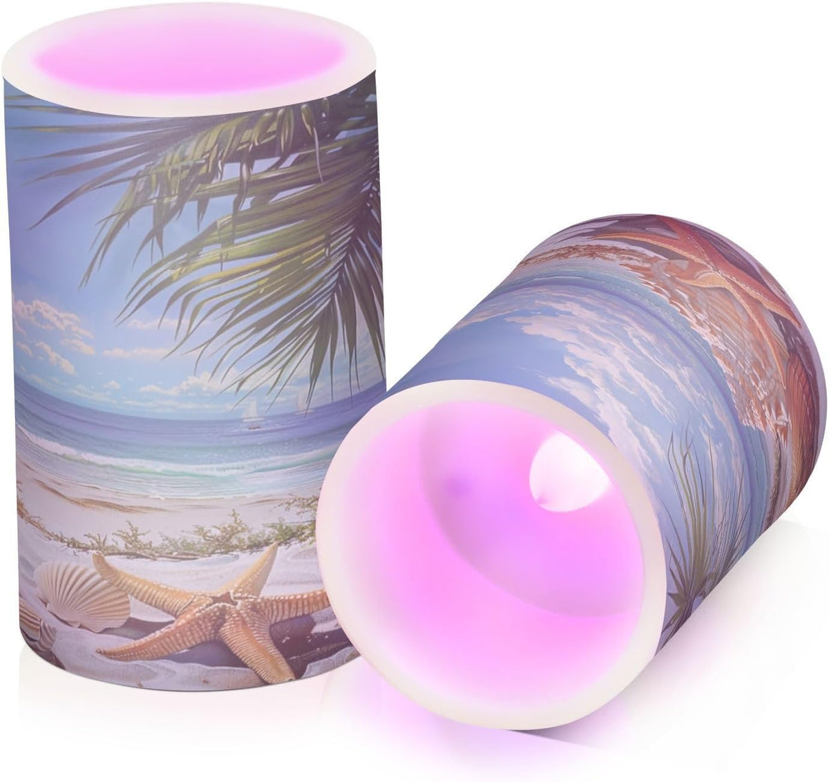 Flickering Flameless Candles, Starfish Seashell Beach Palm LED Candles with Remote Timer, Set of 2 Battery Operated