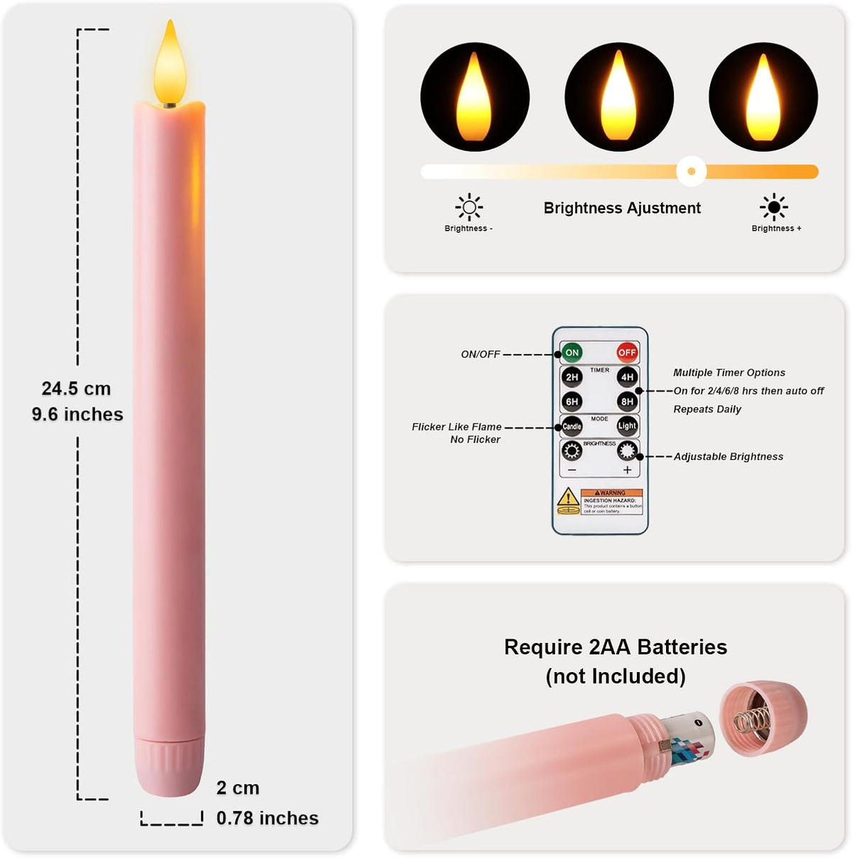LED Advent Candles Set of 5, Flameless Taper Candles with Remote, Battery Operated Taper Candlestick Flickering, 3