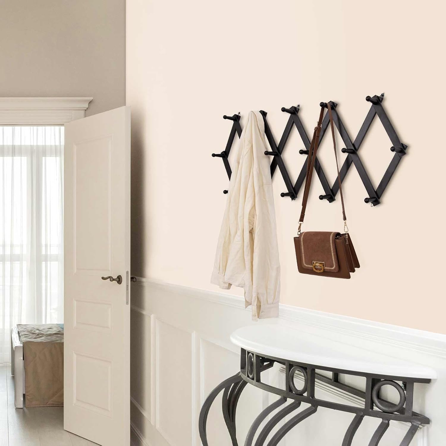 SCUNDA Accordion Wall Hanger with 16 Hooks, Wooden Wall Expandable Coat Rack for Coat, Hats, Baseball Caps, Coffee Mug