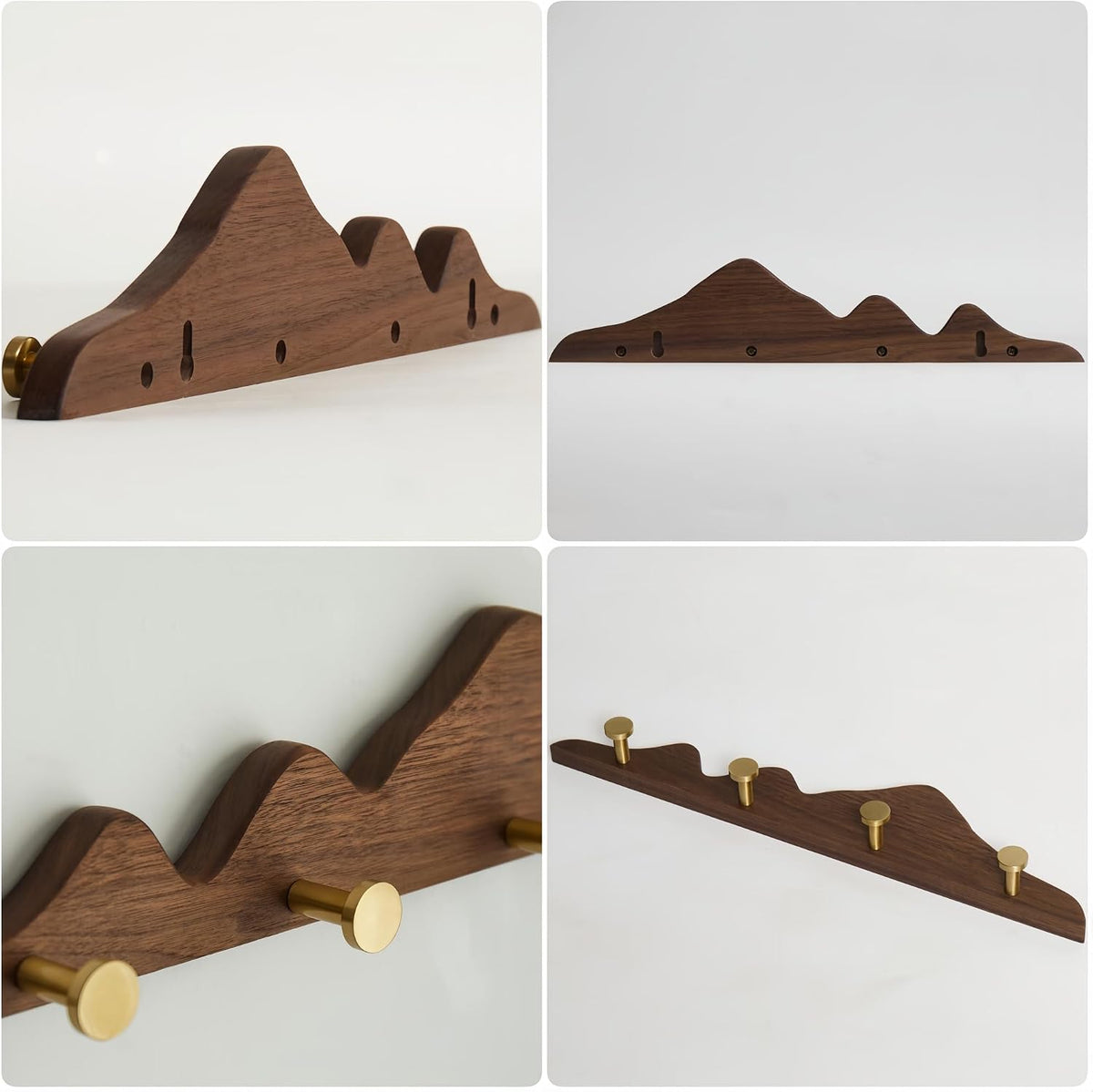 Wall Coat Rack, Walnut Wood, 4 Hooks | Elegant, Solid Coat Hanger Wall Mount, 4 Brass Hooks, Moisture-Resistant Wax Oil