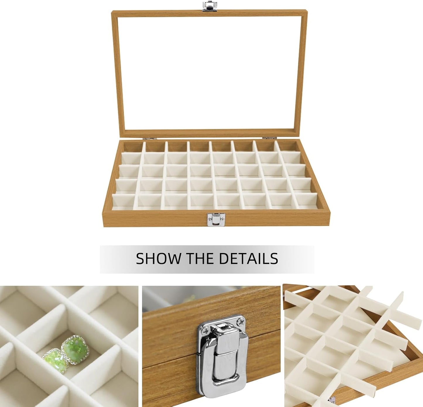 40 Grid Wood Jewelry Organizer / Beige / Set of 40