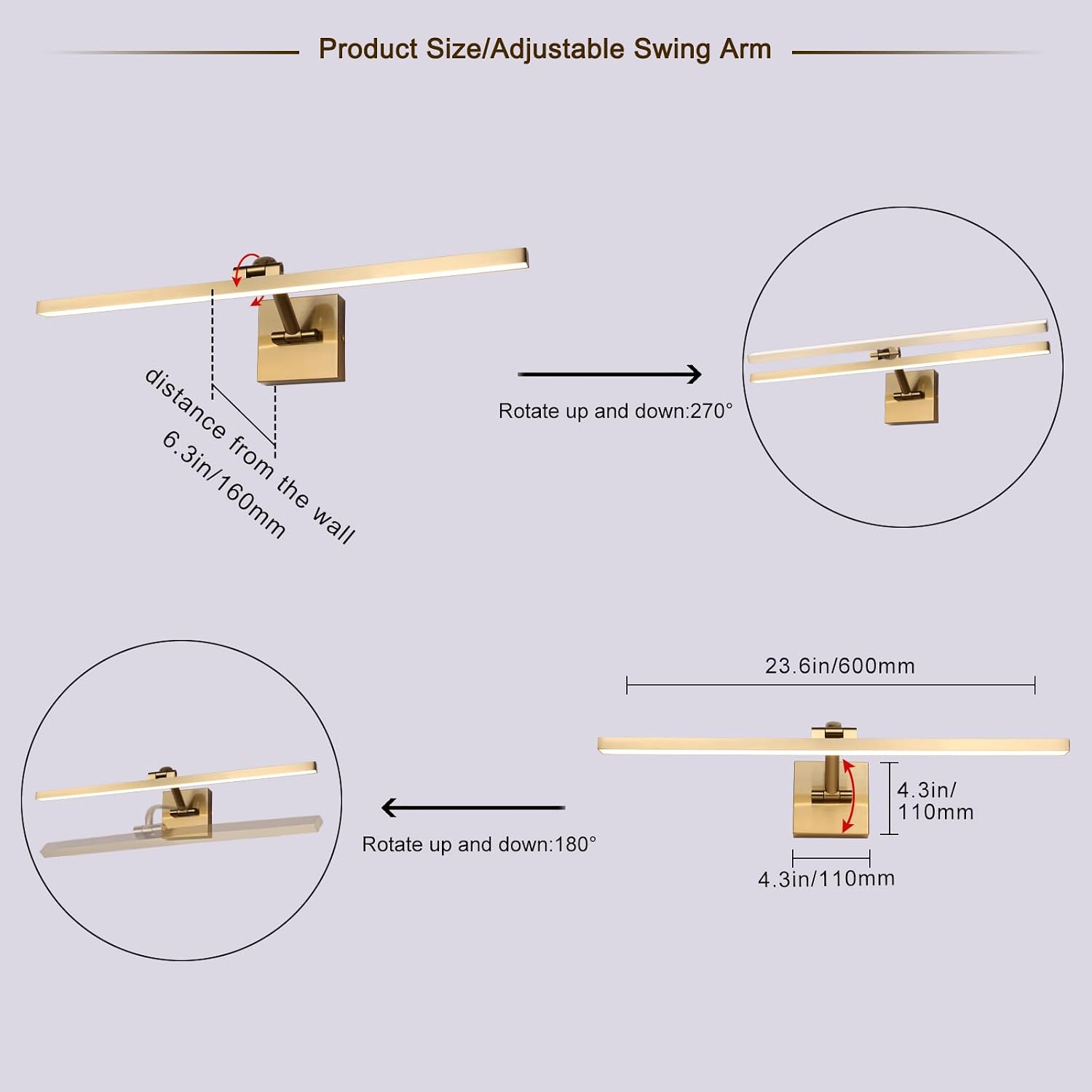 Hard-Wired Picture Lights 23.62 Inch Dimmable LED Wall Art Lighting 14W,2700K, Warm WhiteModern Brass Gallery Light