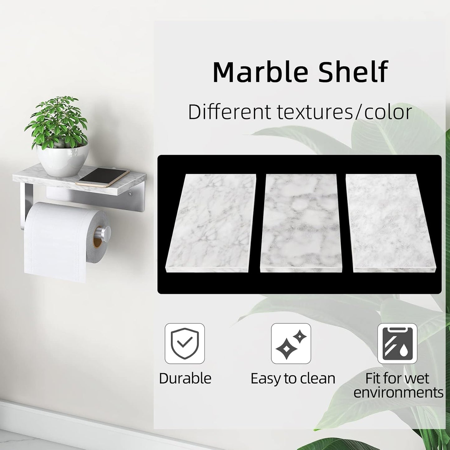 Gypie Toilet Paper Holder with Marble Shelf, Wall Mounted Brushed Nickel | Stainless Steel Tissue Roll Paper Holder