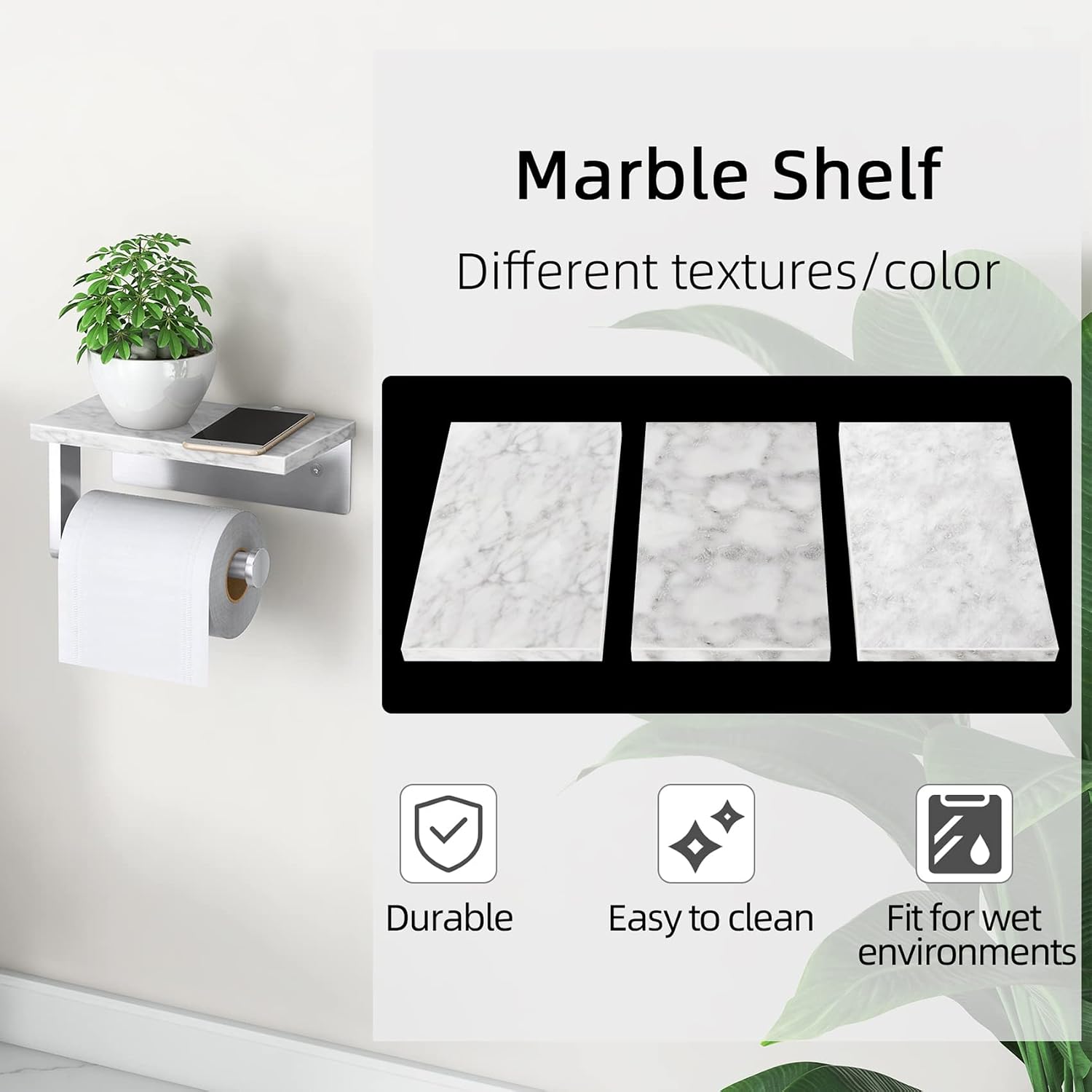 Gypie Toilet Paper Holder with Marble Shelf, Wall Mounted Brushed Nickel | Stainless Steel Tissue Roll Paper Holder