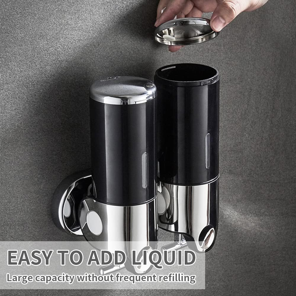 2 in 1 Chamber Wall Mounted Shampoo and Conditioner Dispenser (Black) | No Drill Shower Soap Dispenser for Bathroom &