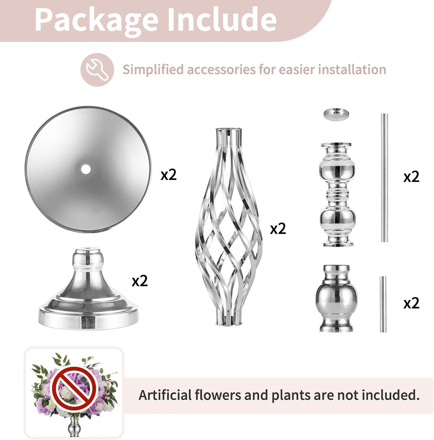 NUPTIO Silver Centerpiece Stand for Table, Twist Style, 22.8" Tall, 2 Pcs | Versatile Flower Arrangement, Candle Holder