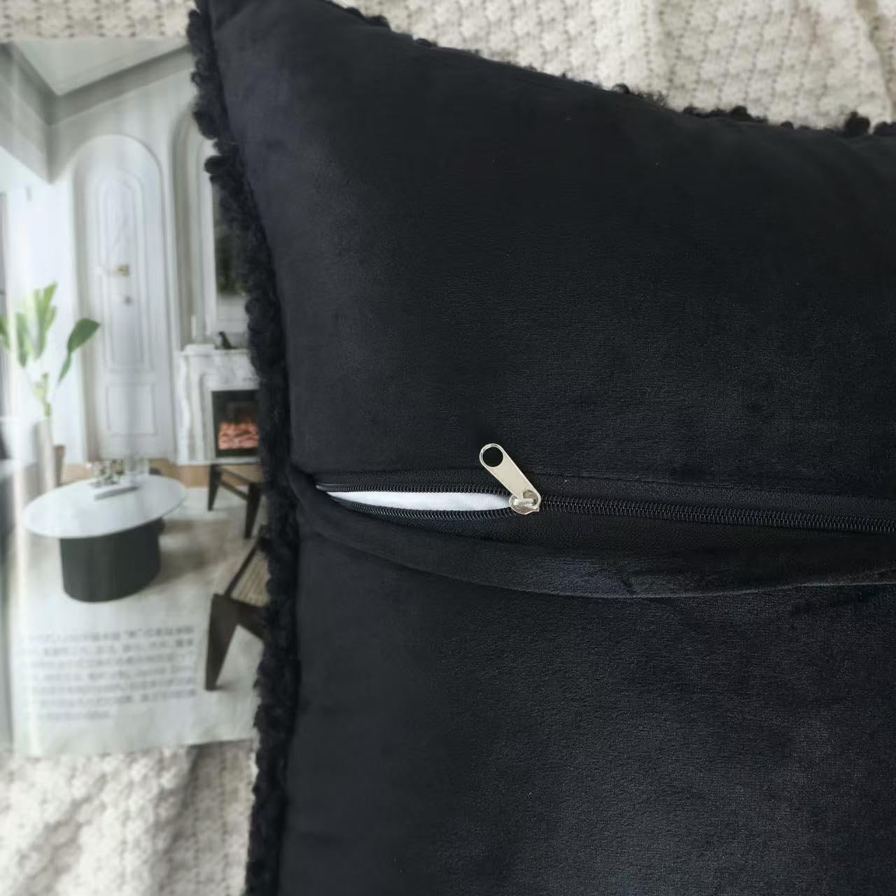 Faux Fur Decorative Pillow Covers Soft Fluffy Sherpa Boucle Throw / Black / 18 x 18 / Set of 2