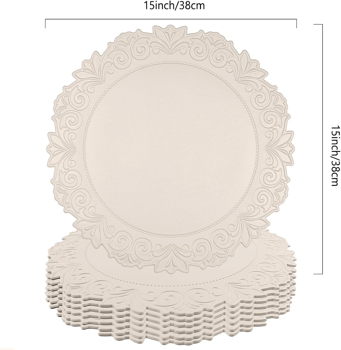 Round Faux Leather Placemats Set of 6, Dining Table Mats, Beige | Engraved Texture, 15 Inch Diameter, Waterproof and