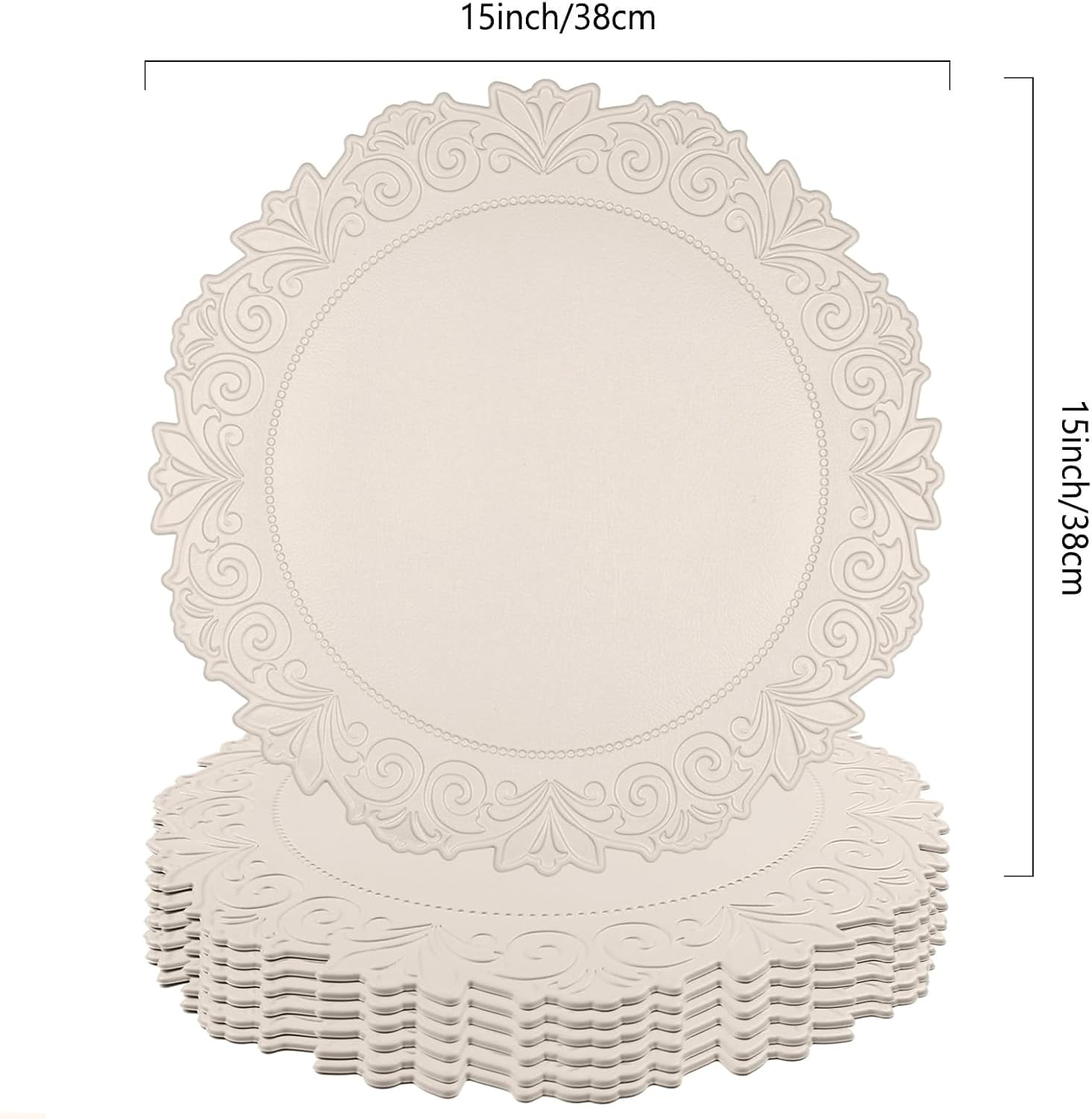 Round Faux Leather Placemats Set of 6, Dining Table Mats, Beige | Engraved Texture, 15 Inch Diameter, Waterproof and