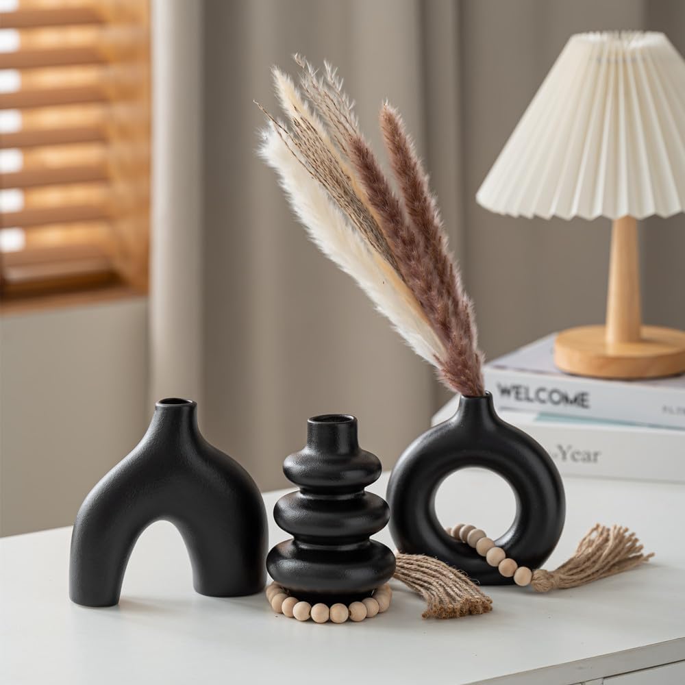 White Ceramic Vase / Black Set / Set of 3