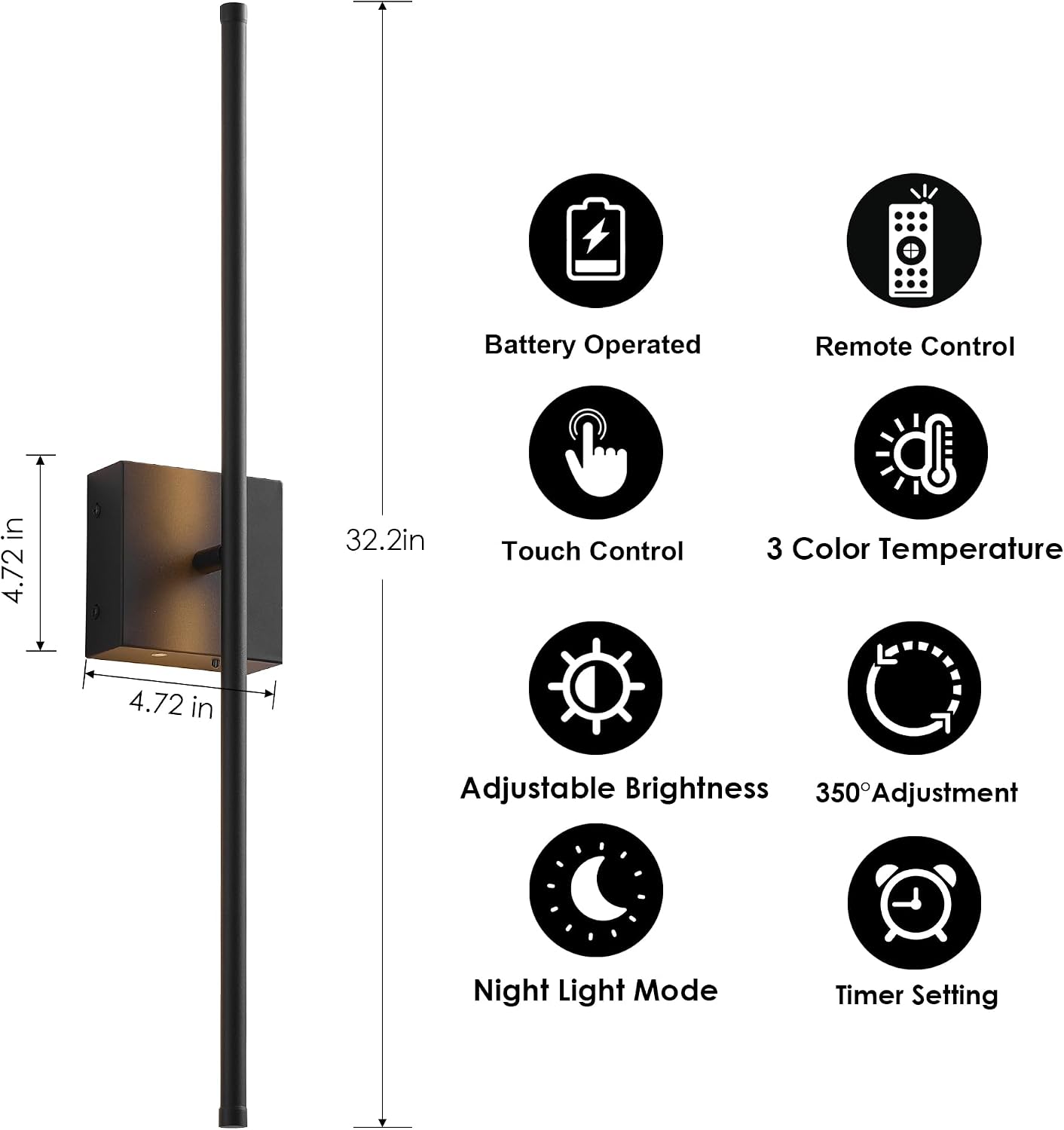 KARTOOSH Battery Operated Wall Sconces Set of 2 Wireless,32.2 Inch Black | Battery Removable, 3000-6000K, Stepless