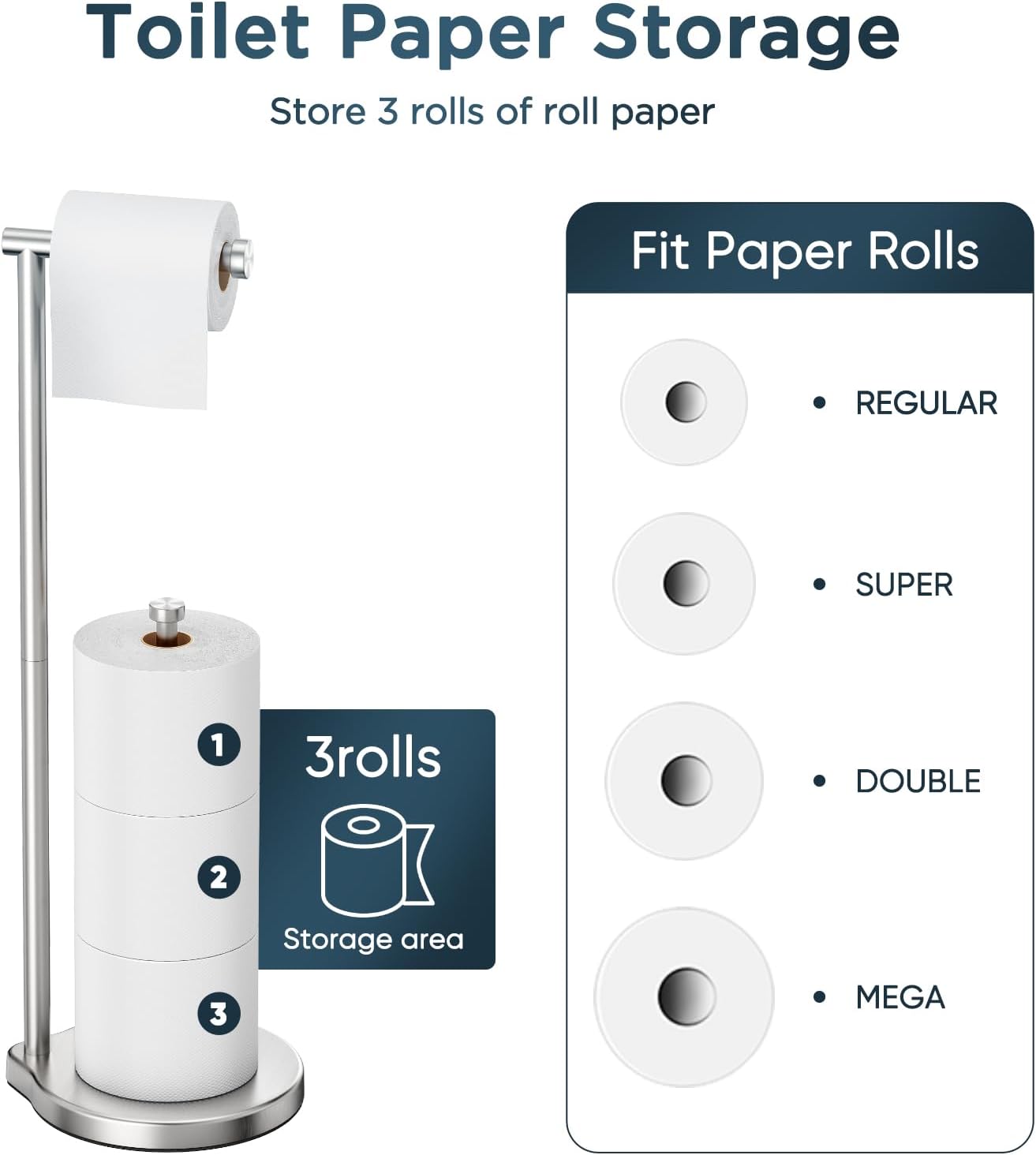 theaoo Heavy-Duty Toilet Paper Holder Stand, Bathroom Storage, Silver | Freestanding Toilet Tissue Paper Roll Holder