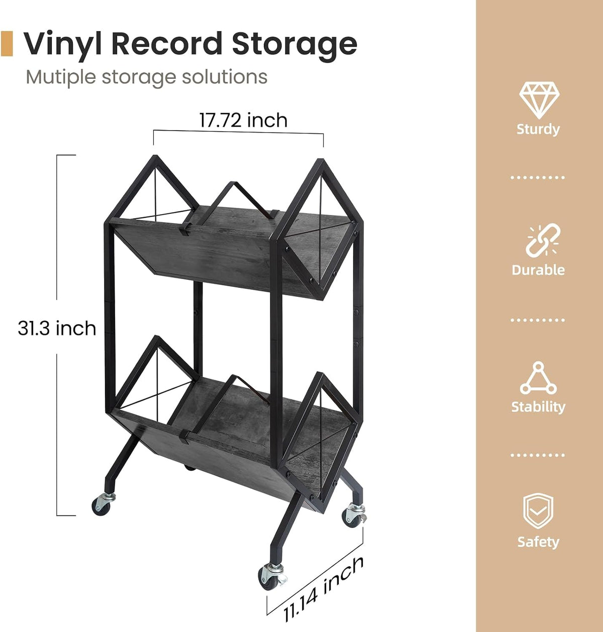 SwaaVee Vinyl Record Storage Holder with Wheels, 2-Tier Record Holder 160-200 LP with Dividers, Retro Style Quick