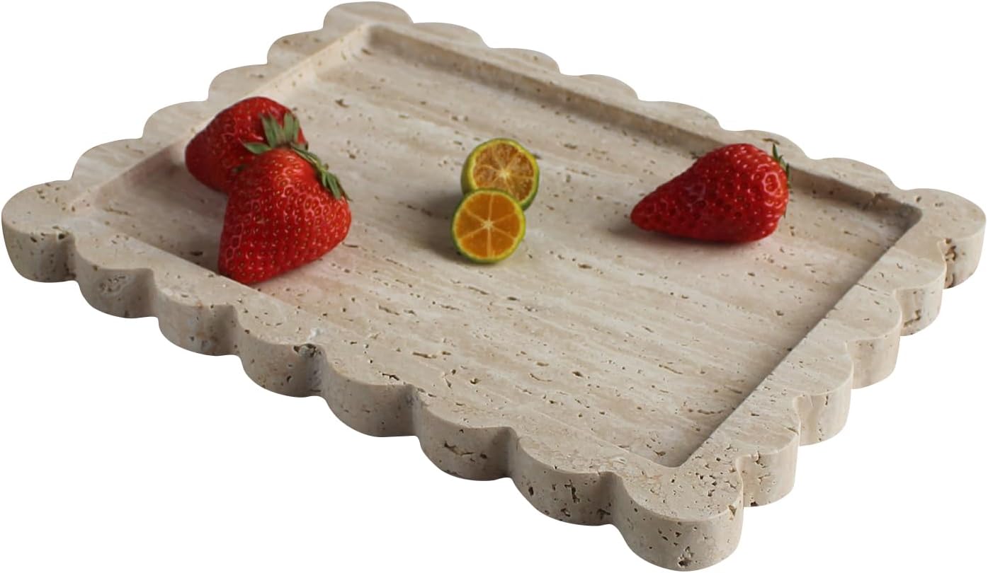 Natural Scalloped Marble Tray / Beige Travertine / 10.8 x 8