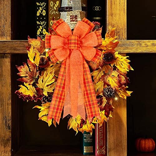 2 Pack Fall Bows for Wreaths Decorations for Home, Halloween Tree Topper Bow, Thanksgiving Bow with Orange Buffalo Plaid Burlap Front Door Outdoor