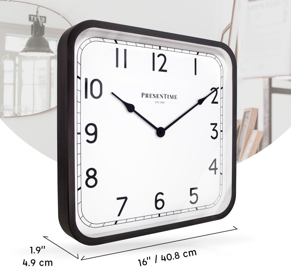 16" Anton Modern Farmhouse Square Clock | Silent No Ticking, Wall Art and Timepiece for Home Decoration/Wall Décor, Oil