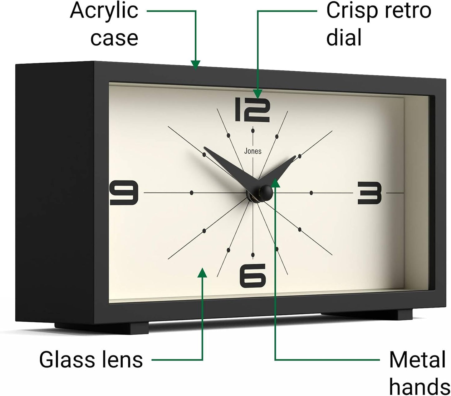 JONES CLOCKS® Odeon Desk Clock | Modern Rectangular Design | Black | Stylish Retro Look for Shelf, Table, Mantel or