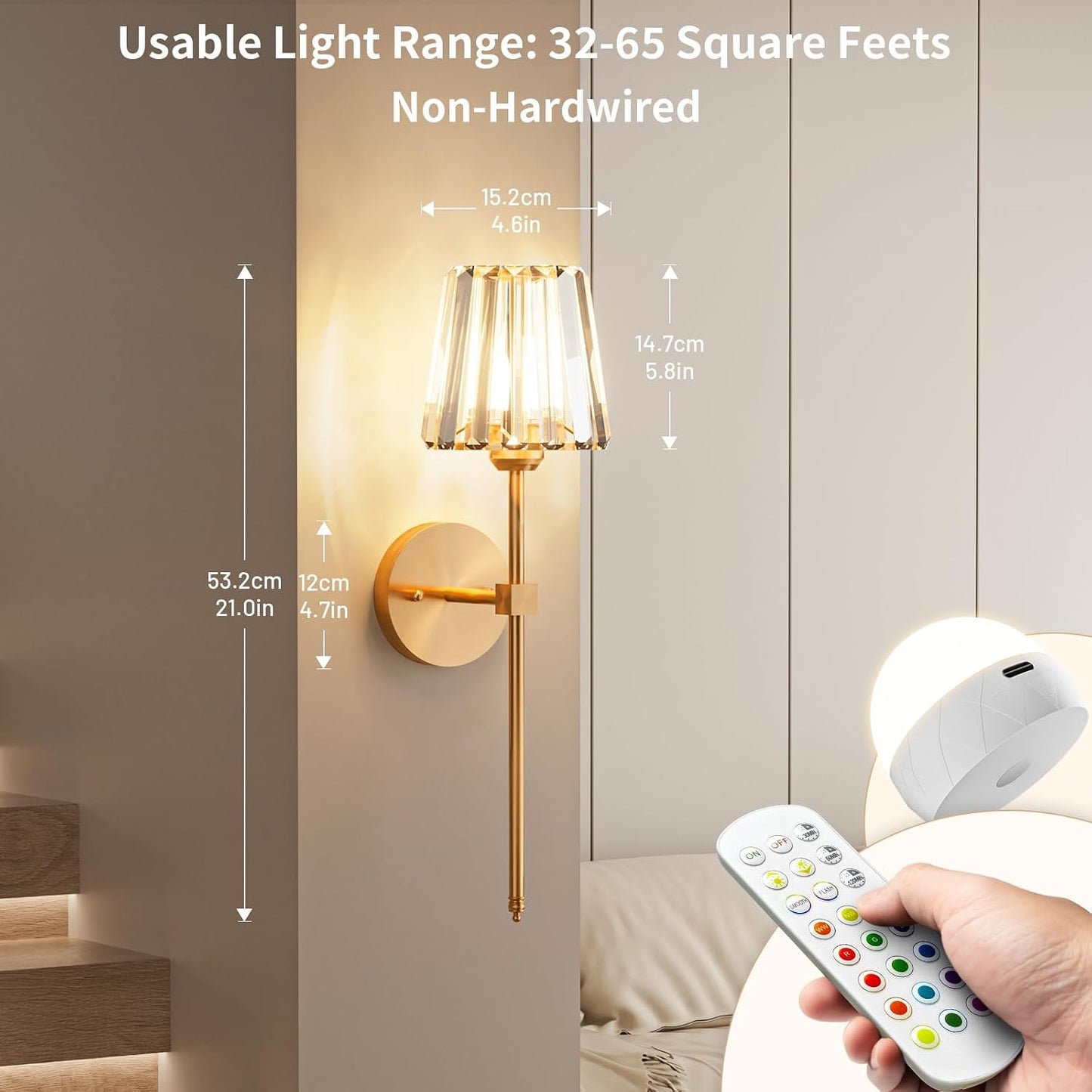 Crystal Battery Operated Wall Sconces Set of 2, Gold Rechargeable Wireless Wall Sconce Lights with Crystal Lampshade
