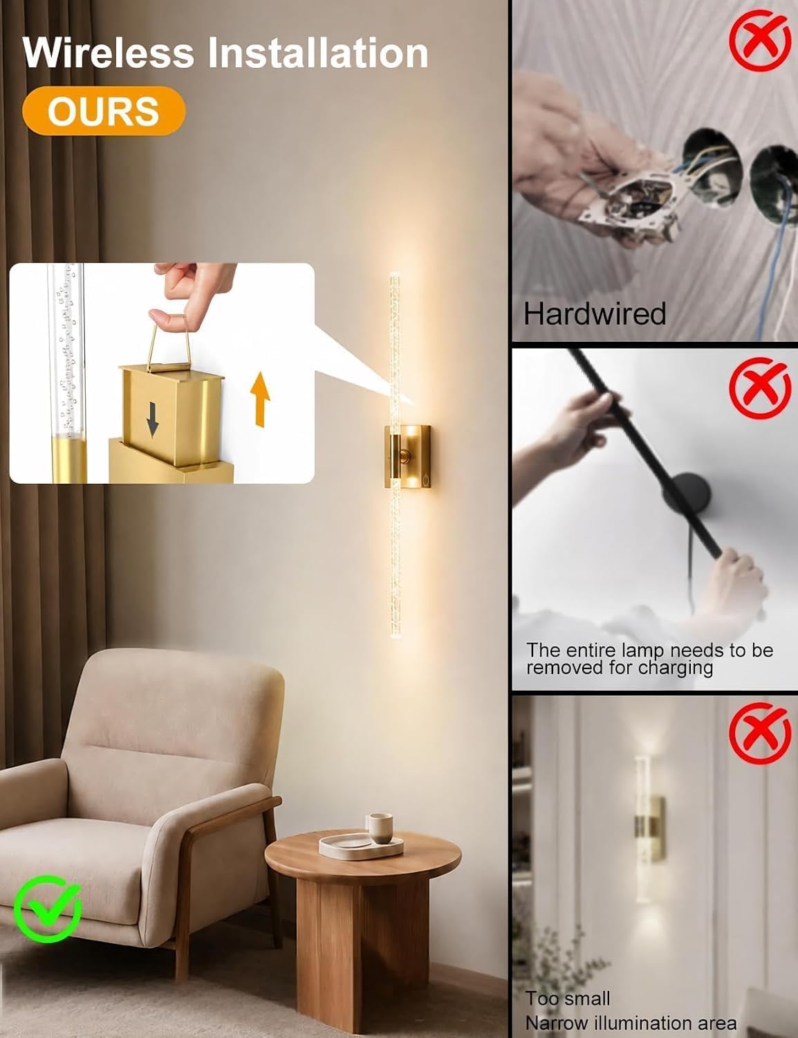 Rechargeable Wall Sconces Set of 2, Gold Crystal Bubble Wireless Wall Light | 10000mAh, Remote Control, 3000K-6000K
