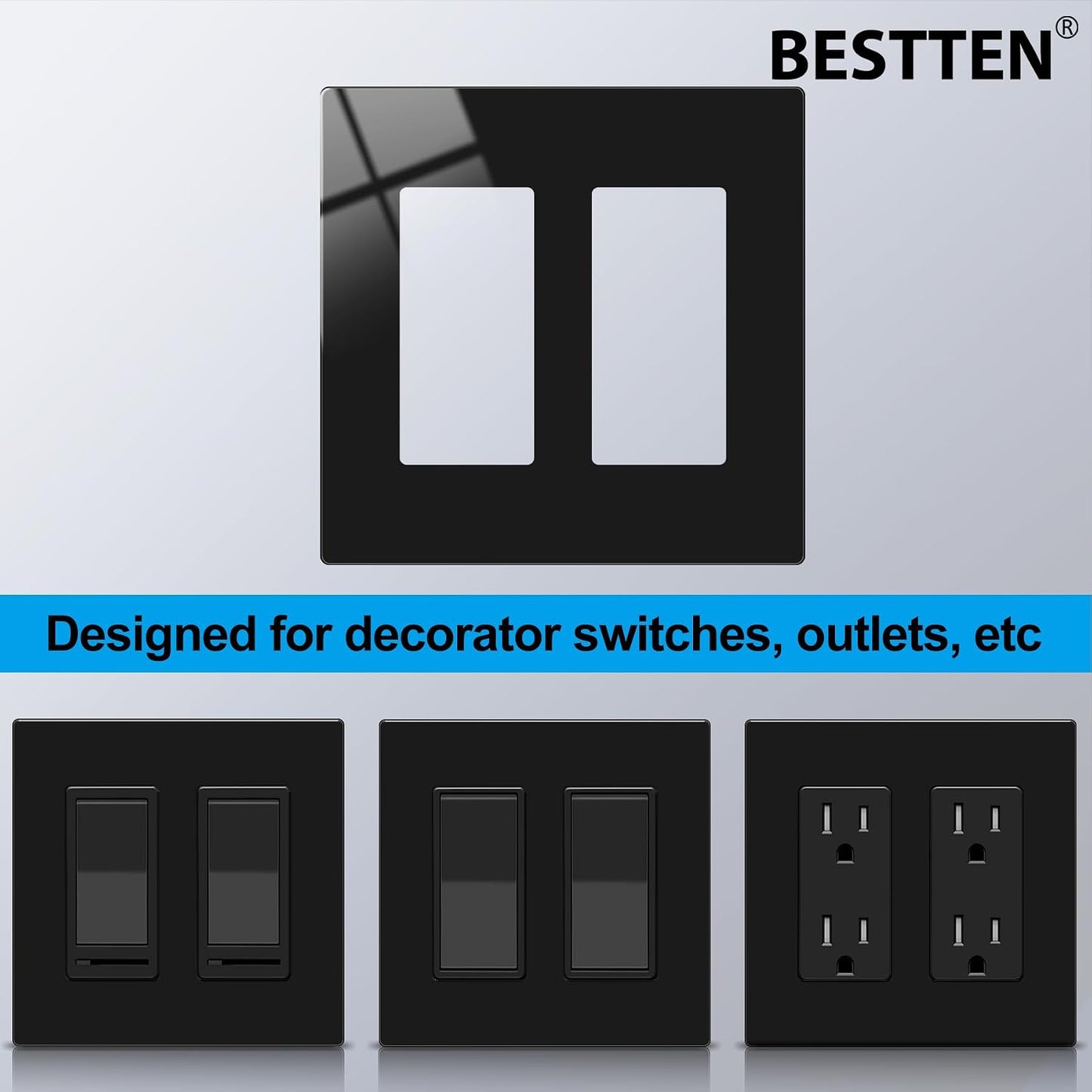 BESTTEN 10 Pack 2-Gang Black Screwless Wall Plate, Decor Outlet Cover, Decorative Switch Plate, Decorator Switch Plate
