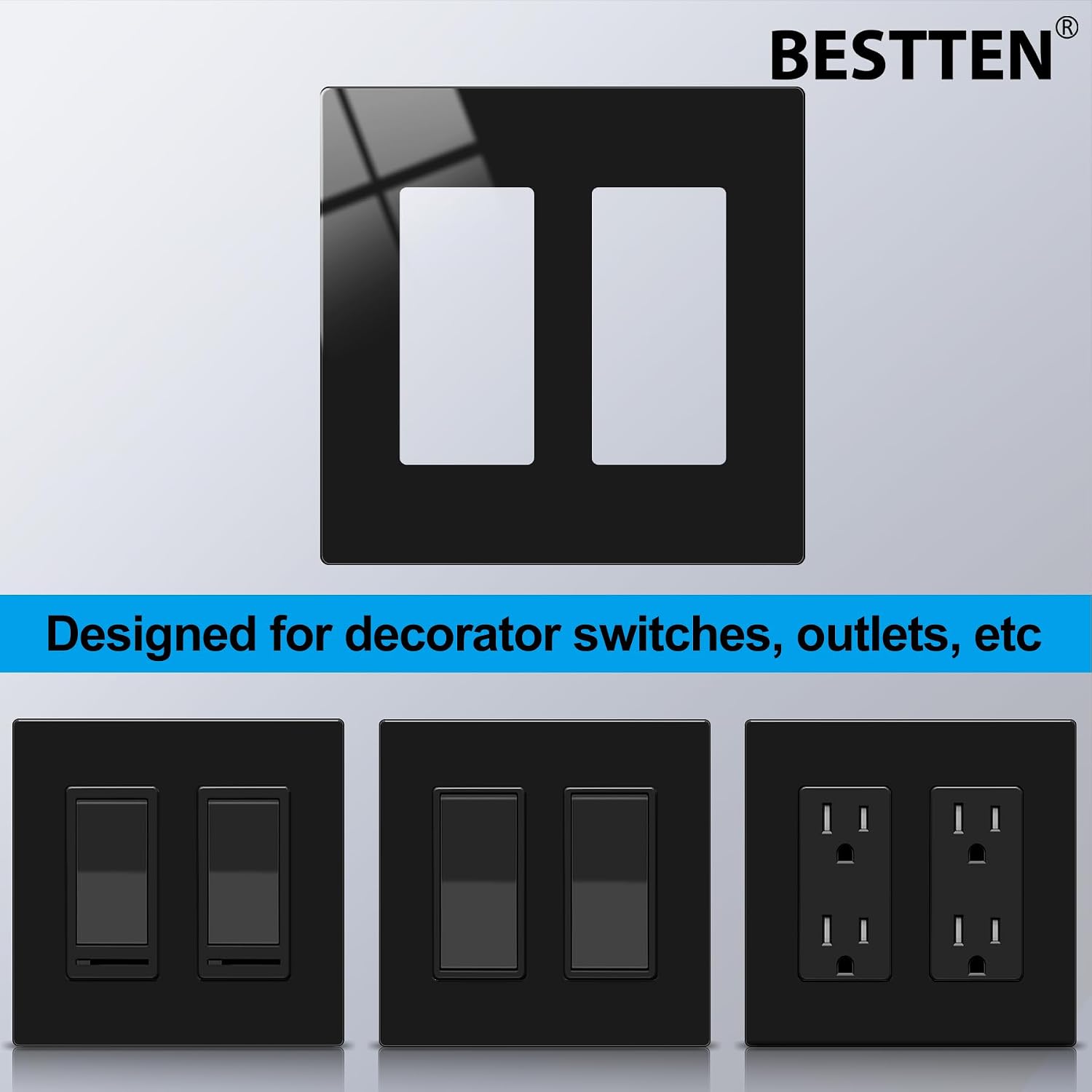 BESTTEN 10 Pack 2-Gang Black Screwless Wall Plate, Decor Outlet Cover, Decorative Switch Plate, Decorator Switch Plate