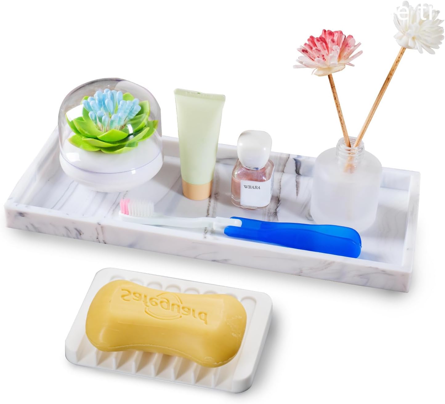 Marble Tray / Silicone Bathroom Vanity Trays / Marble White / 15.7 x 5.9 x 0.9