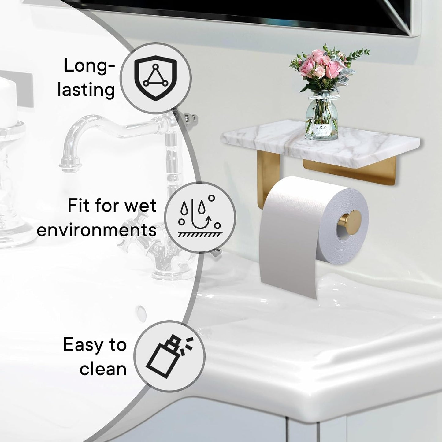Toilet Paper Holder with Natural Marble Shelf for Bathroom Washroom,Wall Mounted Tissue Holder Suitable for Mega Roll