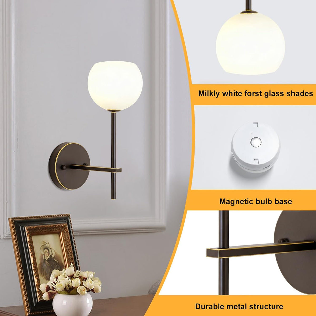Brown Gold Battery Operated Wall Sconces Set of 2, Rechargeable Wireless Wall Lights with Milky White Frosted Glass, 12