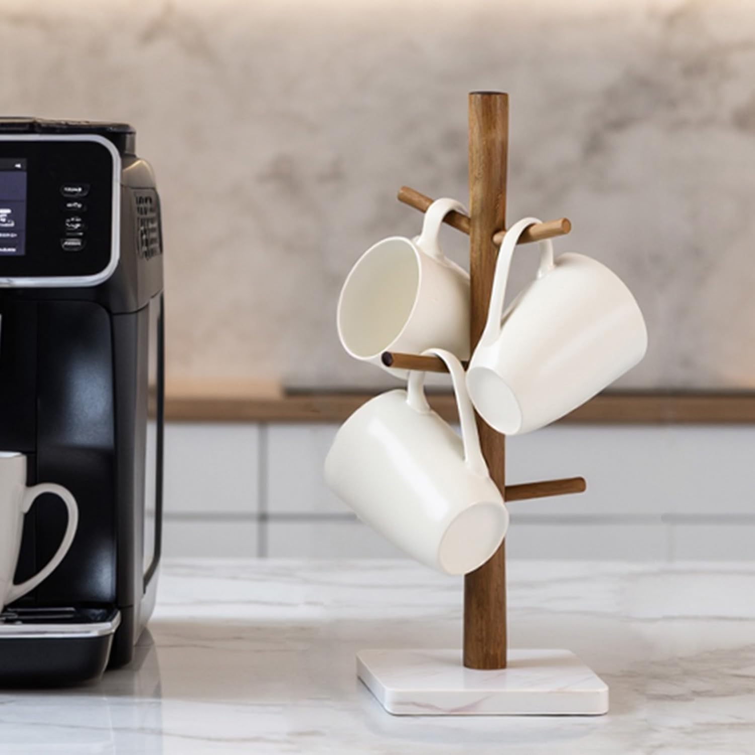 Buruis Acacia Wood Mug Holder with Marble Base, 6 Hook Mug Tree, White | Coffee Mug Rack for Countertop, Space-Saving