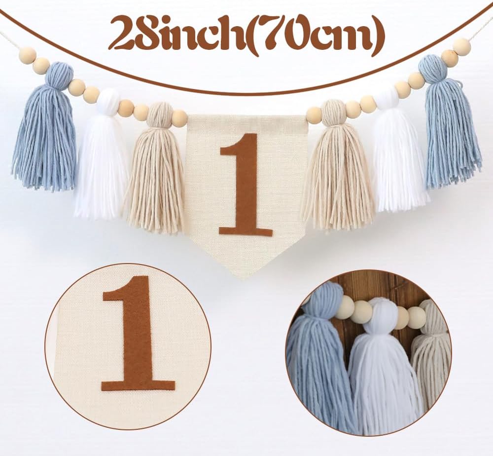 Handmade Boho Blue 1st Birthday High Chair Banner for Baby Boys Wall Hangings Wood / Brown and Blue