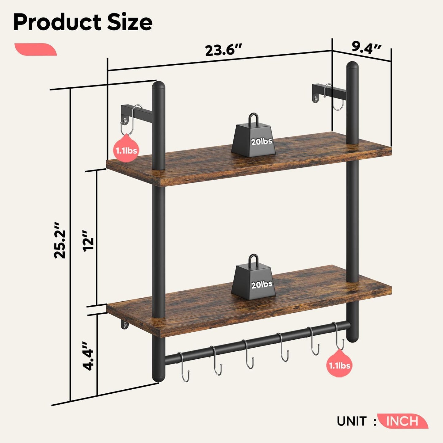 Bestier 24" Floating Kitchen Shelves Wall Mounted 2 Tier Coffee bar Shelves with 8 Hooks, Industrial Wall Shelf for