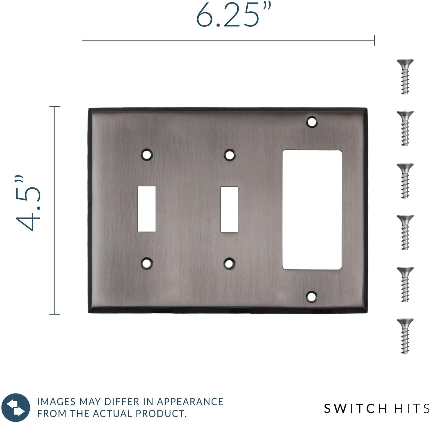 Antique Pewter Outlet Wall Plate | 2 Toggle - 1 GFI Rocker | 6.25" x 4.5" | Hand-Polished Brass Construction