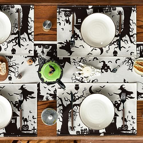 Artoid Mode Black White Spooky Haunted House Tree Ghost Witch Halloween Placemats Set of 4, 12x18 Inch Seasonal Fall Holiday Table Mats for Party Kitchen Dining Decoration