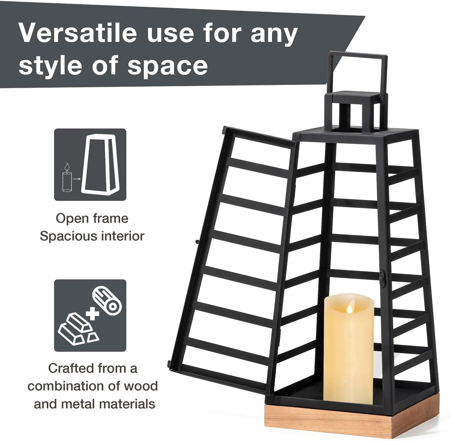 Glitzhome Set of 2 Modern Trapezoid Metal/Wood Hanging Lanterns, Decorative Candle Holder Lanterns for Outdoor & Indoor
