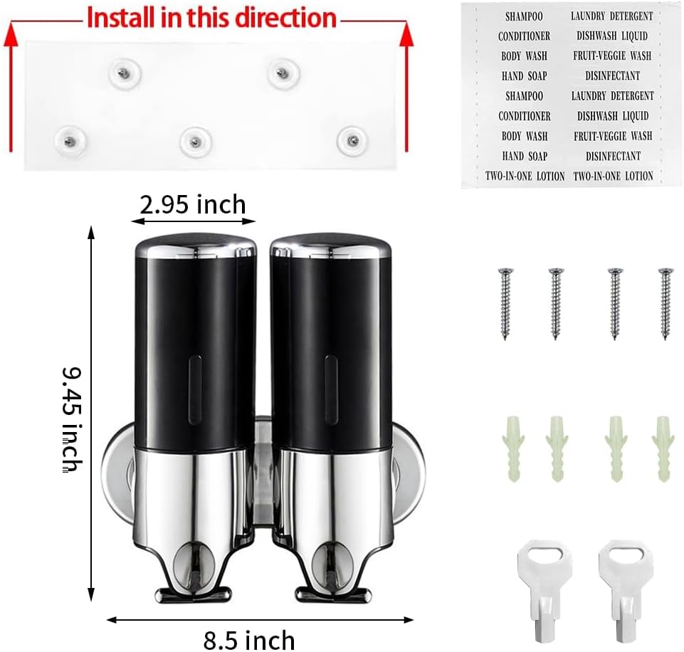 2 in 1 Chamber Wall Mounted Shampoo and Conditioner Dispenser (Black) | No Drill Shower Soap Dispenser for Bathroom &