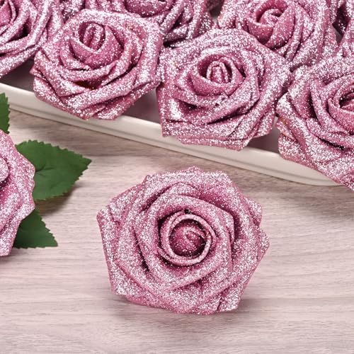 BLEUM CADE 36Pcs Artificial Flowers Glitter Roses with Stems for Wedding
