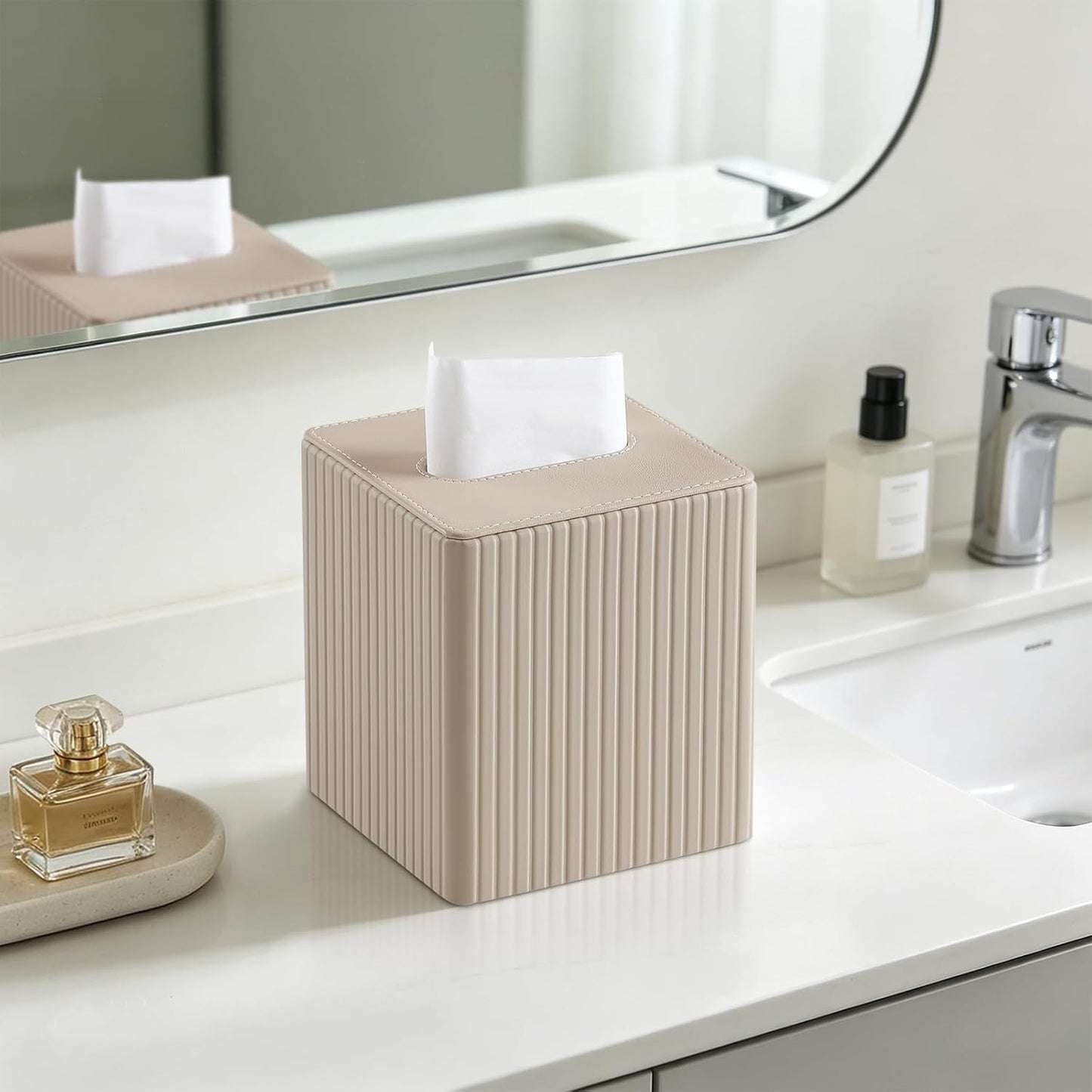 PU Leather Tissue Box Cover Square Tissue Box Holder / Beige Fluted